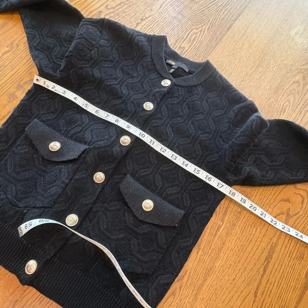 Maje Monserra Jacquard Patterned Black Cardigan Jacket Gold Buttons Size 1 US S - Picture 4 of 12